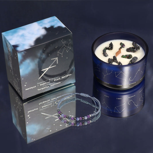 Vela de Cristal del Zodiaco con Pulsera de Piedras Naturales – Sagitario