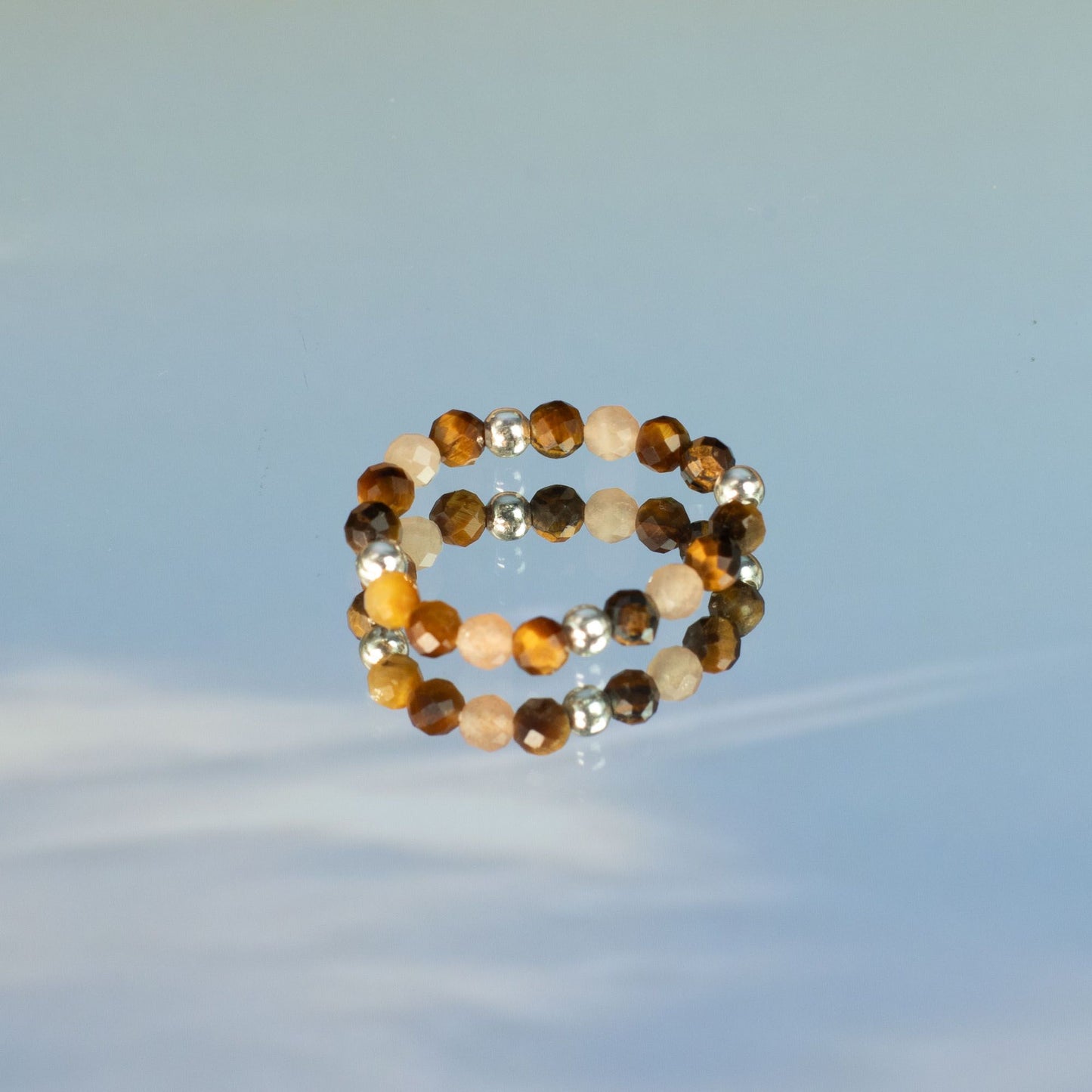 Conjunto de Anillos Puesta de sol marina | Aventurina, Aguamarina y Ojo de Tigre | Anillos Elásticos de Piedras Naturales