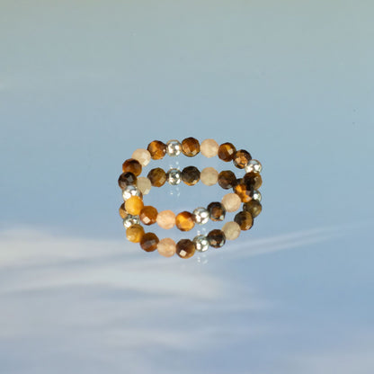 Conjunto de Anillos Puesta de sol marina | Aventurina, Aguamarina y Ojo de Tigre | Anillos Elásticos de Piedras Naturales