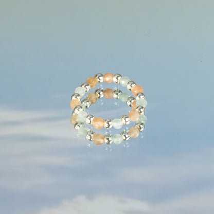 Conjunto de Anillos Puesta de sol marina | Aventurina, Aguamarina y Ojo de Tigre | Anillos Elásticos de Piedras Naturales