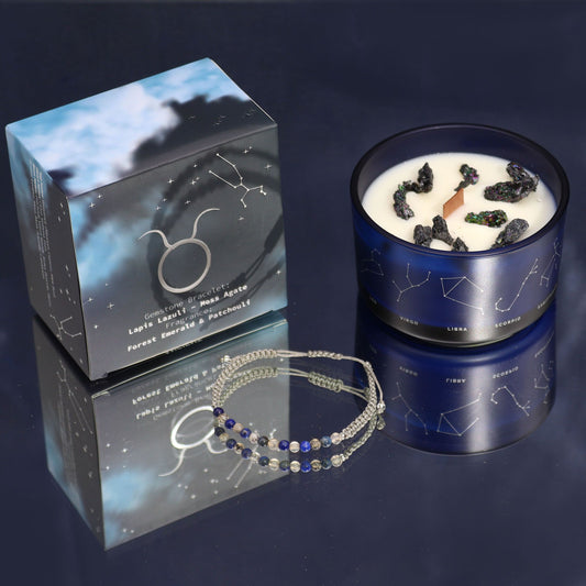 Vela de Cristal del Zodiaco con Pulsera de Piedras Naturales – Tauro