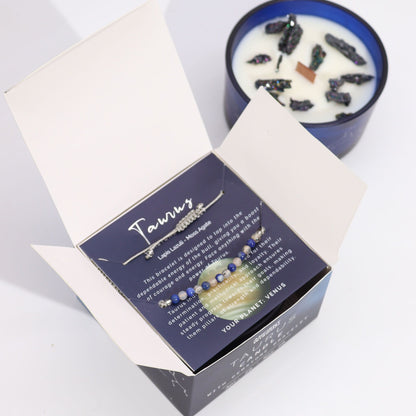 Vela de Cristal del Zodiaco con Pulsera de Piedras Naturales – Tauro