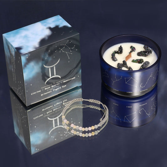 Vela de Cristal del Zodiaco Géminis con Pulsera de Piedras Naturales