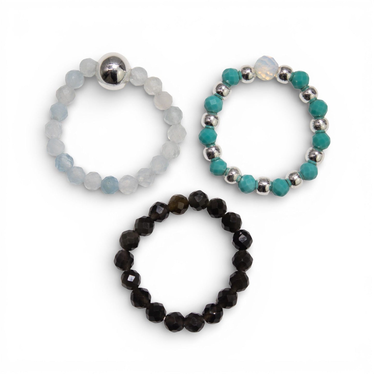 Conjunto de Anillos Oceano infinito | Aguamarina, Turquesa y Obsidiana Negra | Anillos Elásticos de Piedras Naturales