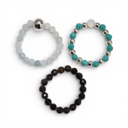 Conjunto de Anillos Oceano infinito | Aguamarina, Turquesa y Obsidiana Negra | Anillos Elásticos de Piedras Naturales