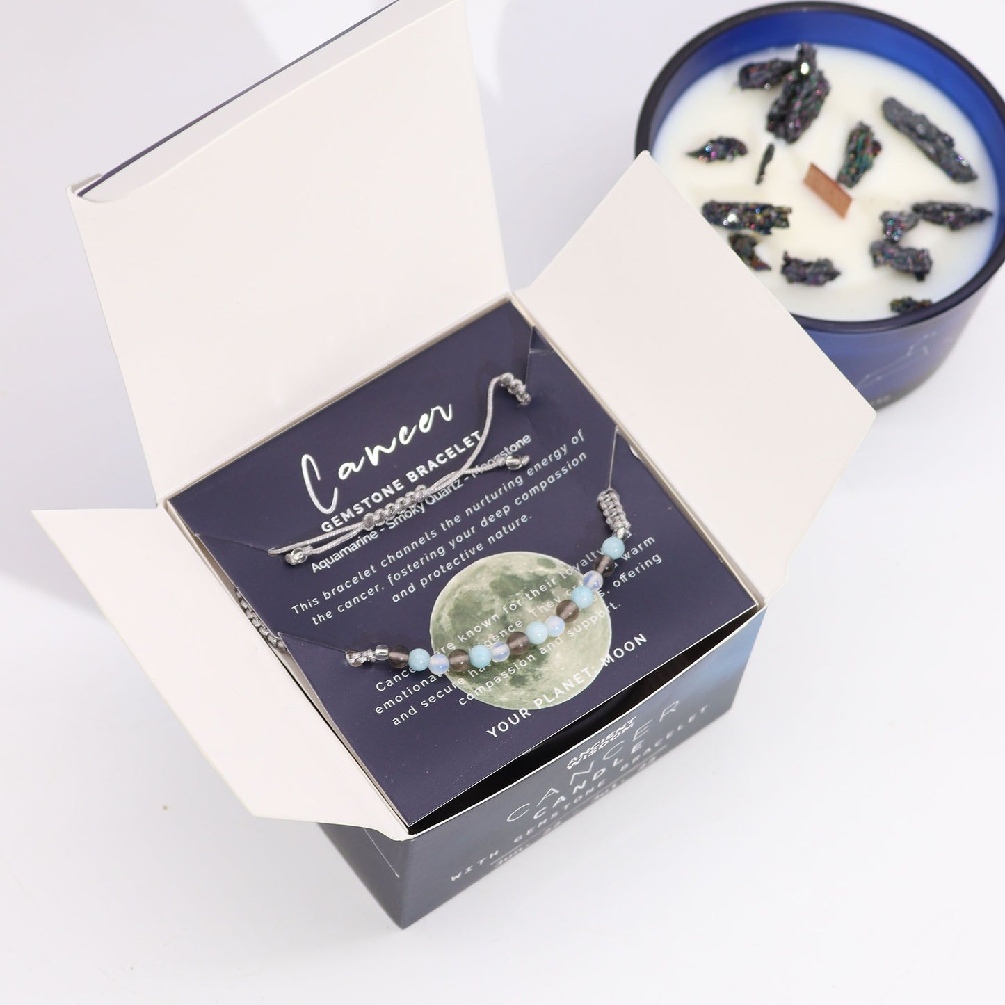 Vela de cristal del zodiaco con pulsera de piedras preciosas - Cáncer