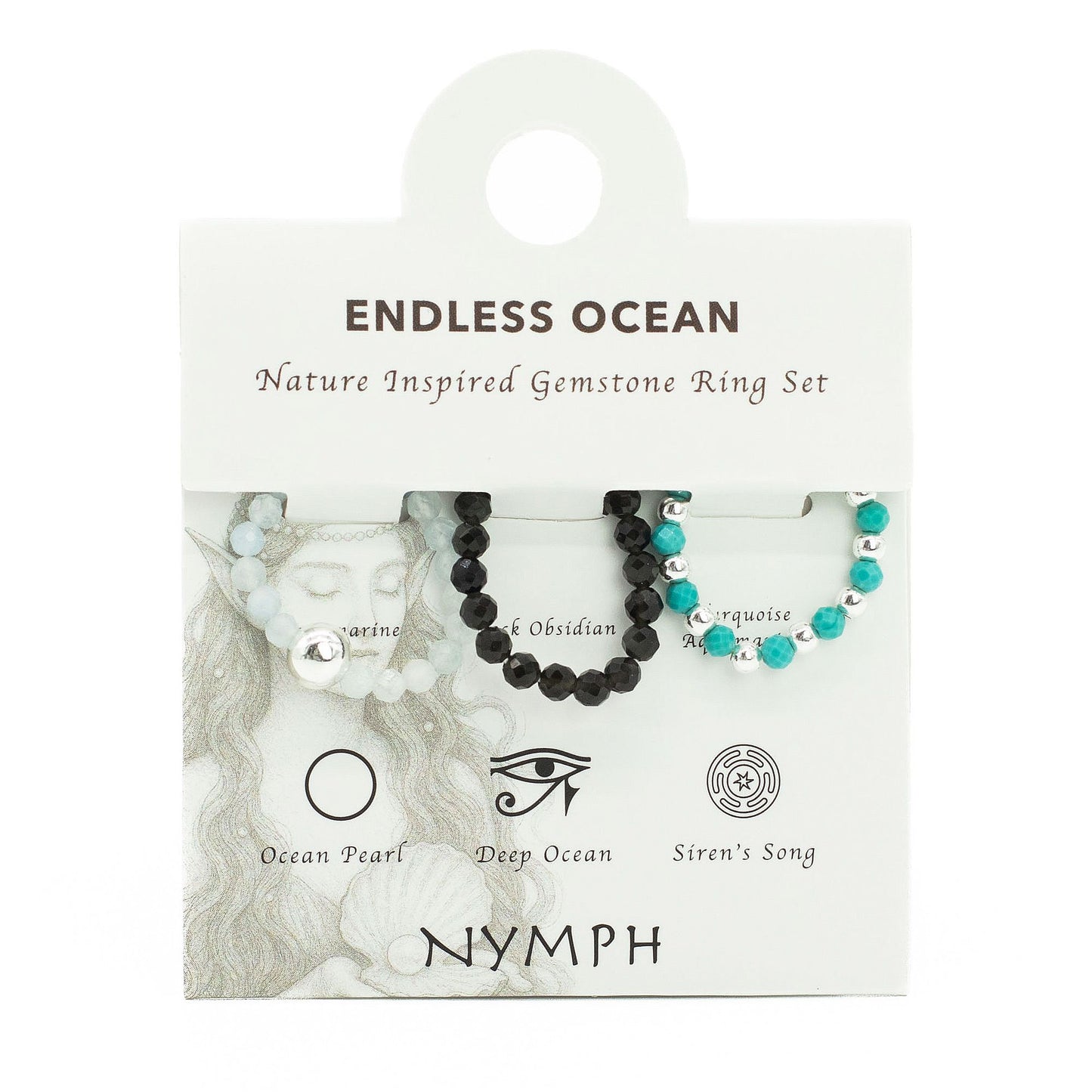 Conjunto de Anillos Oceano infinito | Aguamarina, Turquesa y Obsidiana Negra | Anillos Elásticos de Piedras Naturales