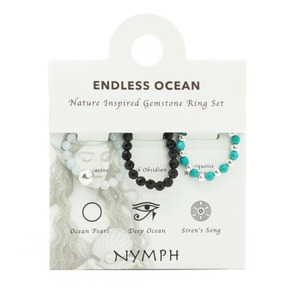 Conjunto de Anillos Oceano infinito | Aguamarina, Turquesa y Obsidiana Negra | Anillos Elásticos de Piedras Naturales