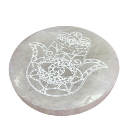 Plato de Carga de Selenita Hamsa 10 cm | Base para Limpiar y Recargar Cristales