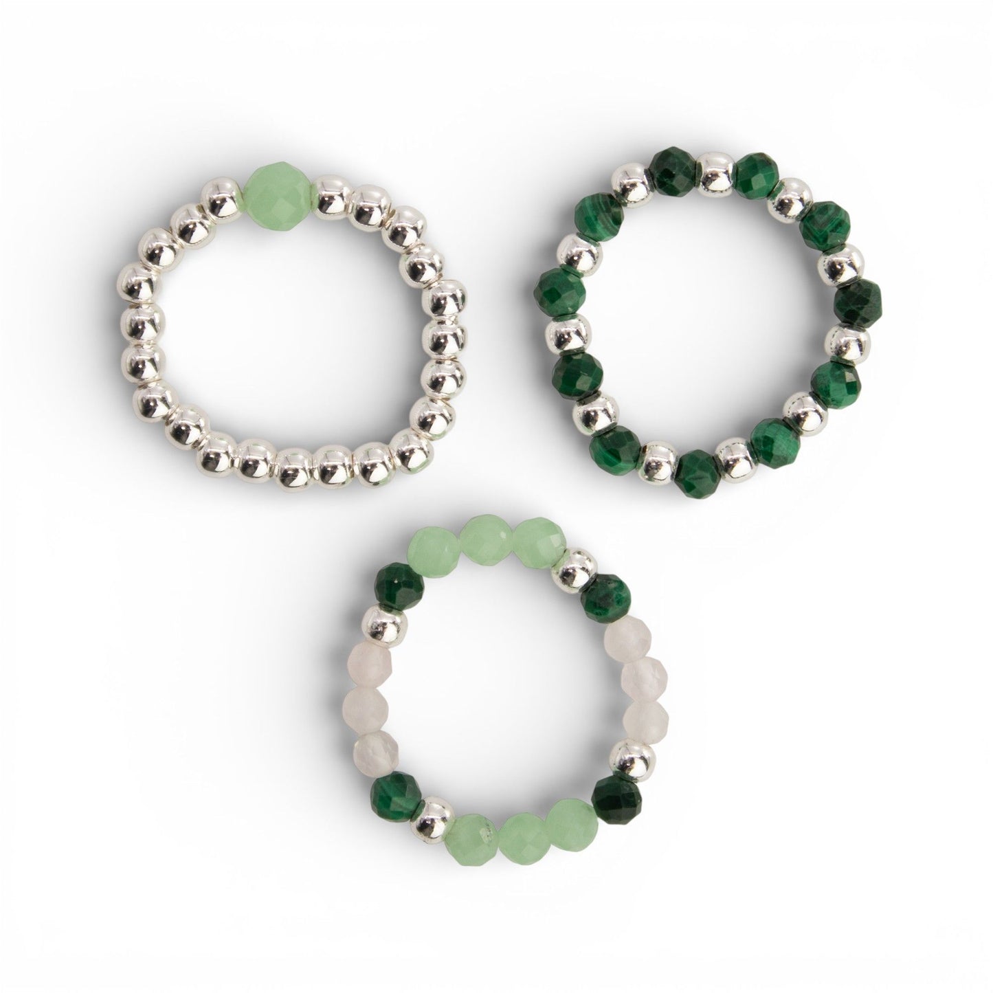 Conjunto de Anillos Espiritu del bosque| Aventurina, Malaquita y Cuarzo Rosa | Anillos Elásticos de Piedras Naturales