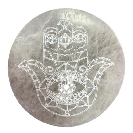 Plato de Carga de Selenita Hamsa 10 cm | Base para Limpiar y Recargar Cristales