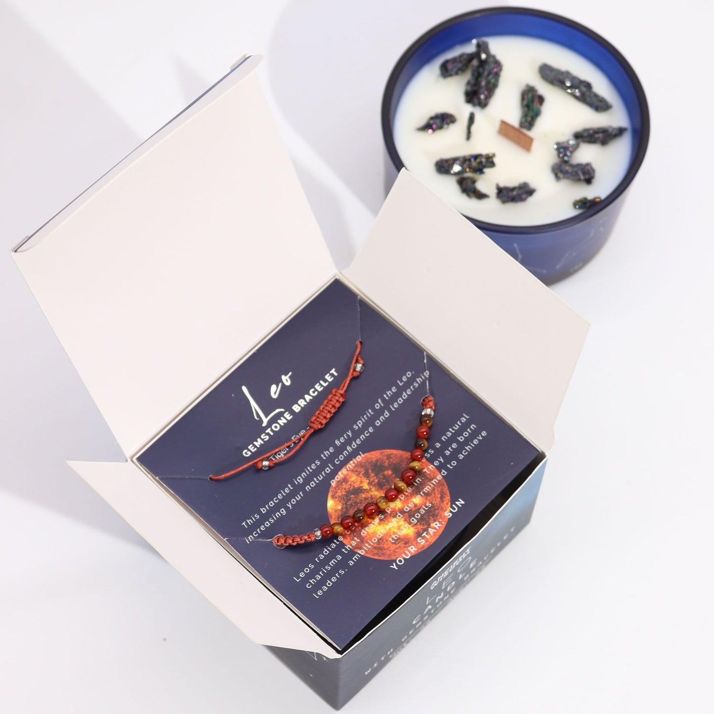 Vela de Cristal del Zodiaco con Pulsera de Piedras Naturales – Leo