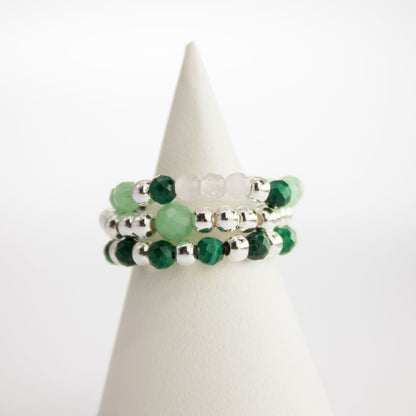 Conjunto de Anillos Espiritu del bosque| Aventurina, Malaquita y Cuarzo Rosa | Anillos Elásticos de Piedras Naturales