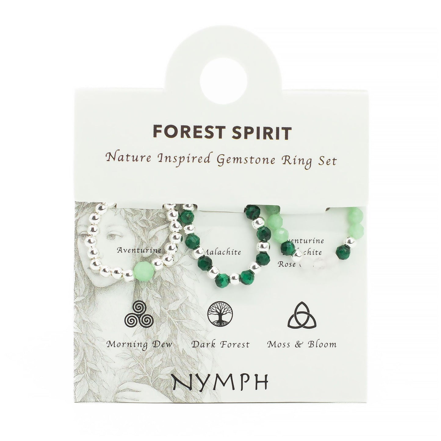 Conjunto de Anillos Espiritu del bosque| Aventurina, Malaquita y Cuarzo Rosa | Anillos Elásticos de Piedras Naturales