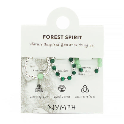 Conjunto de Anillos Espiritu del bosque| Aventurina, Malaquita y Cuarzo Rosa | Anillos Elásticos de Piedras Naturales