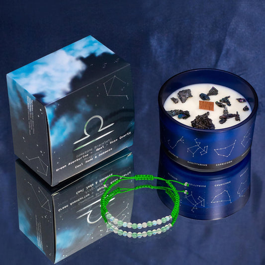 Vela de Cristal del Zodiaco con Pulsera de Piedras Naturales – Libra